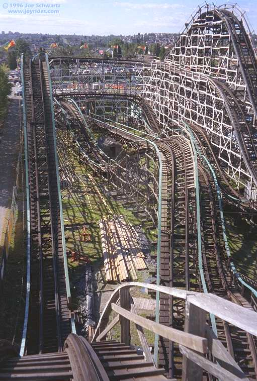 Wooden Roller Coaster from on ride, overlooking a drop and turn around