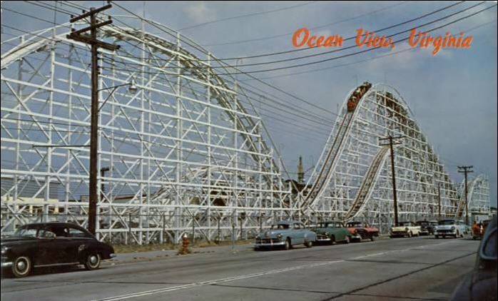 A picture of the Rocket roller coaster from the street, text in the top right corner says Ocean View Virginia