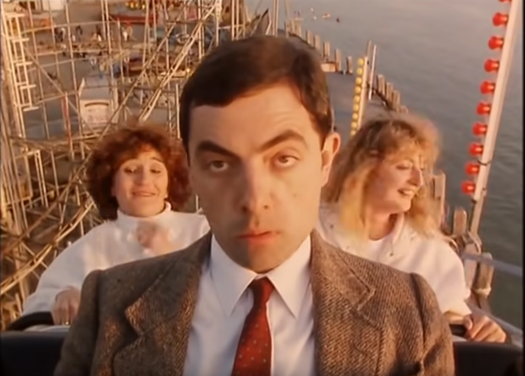 Mr Bean riding the coaster Skyways