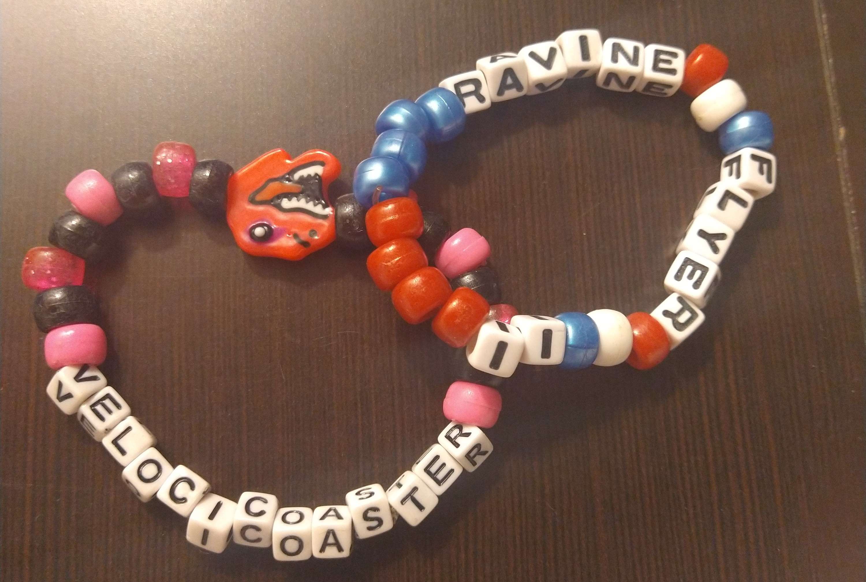 Two single kandi braclets one says Velocicoaster and is pink and black with a pink t-rex charm, the other says Ravine Flyer II and is red and blue