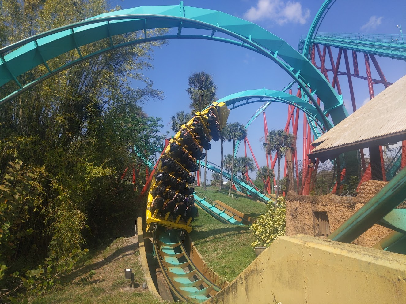 Kumba's corkscrew the yellow train is at the halfway point through it